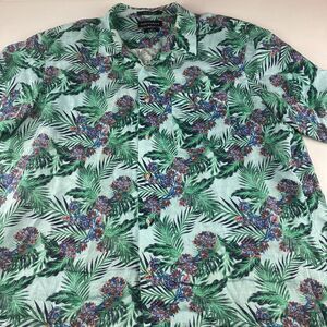Paul Fredrick Shirt Mens XL Pure Linen Tropical Floral Green Blue Camp Aloha
